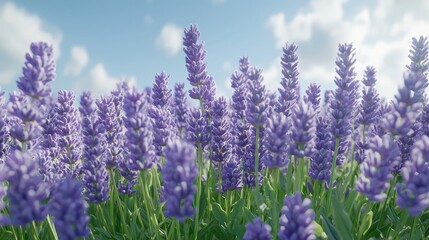 Lavender field under a partly cloudy blue sky