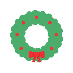 Festive green christmas wreath decoration with red bow and berries minimalist design isolated on white background