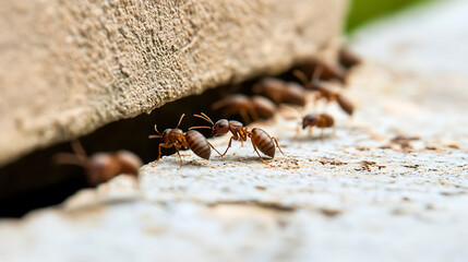 Macro shot of ants, highlighting their intricate interactions and colony dynamics. Detailed view showcases the ants' antennae and segmented bodies.