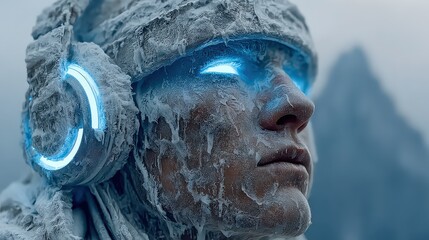 Futuristic Ice Warrior: Digital Art Portrait of a Frozen Cyberpunk Soldier with Glowing Eyes