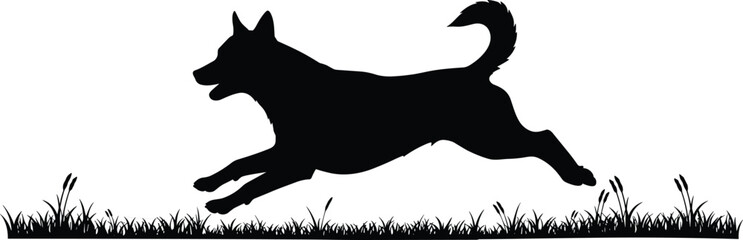 Silhouette of a running dog jumping through grass, black animal vector illustration, nature landscape background, pet motion design, CAD drawing flat vector illustration