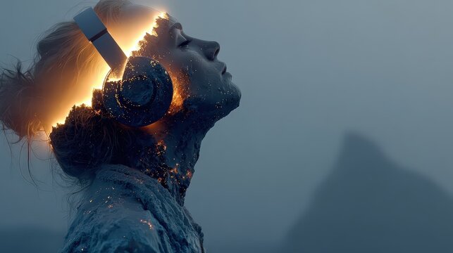 Glowing Headphones on a Woman in a Dreamy, Atmospheric Landscape