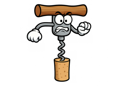 Angry corkscrew character struggling with a stubborn wine cork, cartoon opener fighting, transparent background