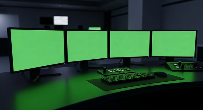 Dark room with multiple green screen computer monitors and keyboard