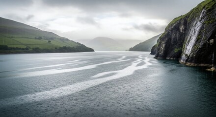 Serene panoramic view of a lake bordered by cliffs and green hills under a cloudy sky