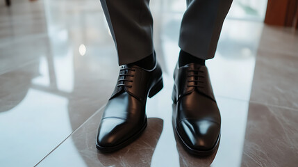 A sophisticated pair of black leather dress shoes gleam on a polished floor, complemented by the tailored gray pants of the wearer, reflecting elegance and style.