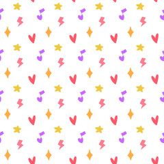 trendy seamless pattern with flat colored hearts, stars, musical notes, and zippers. Bright silhouettes. Perfect for textiles, wallpapers, invitations, postcards, and digital design projects.