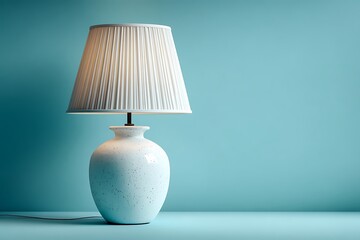 White speckled ceramic table lamp with white pleated lampshade on a blue background