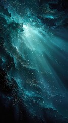Obraz premium Dramatic Nebula: Teal and Gold Light Beams in Abstract Cosmic Cloudscape