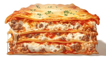 Layered lasagna with cheese and parsley is stacked on plate