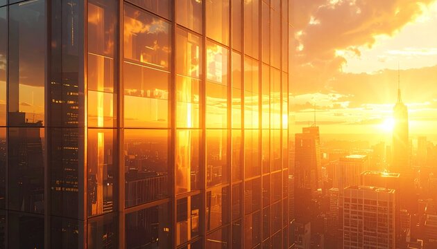 city sunset reflection skyscraper glass building facade golden light closeup modern architecture warm urban skyline evening tone