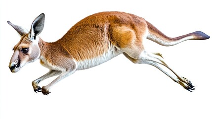 Leaping red kangaroo in mid-air, isolated on a white background