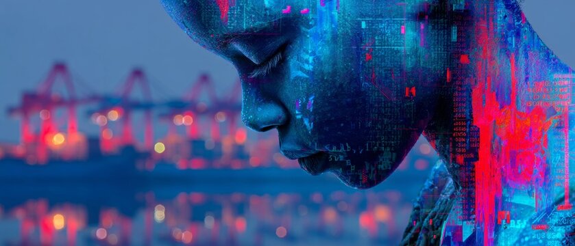 Unveiling global commerce: intricate views of shipping containers. Analytics dashboard. Majestic port view with adjusted container positions in international trade. Stock market.