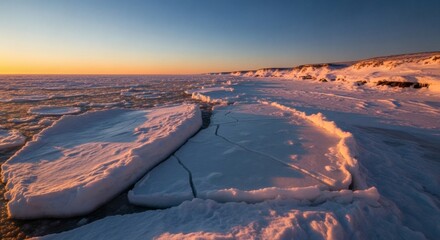 Frozen coastal landscape with large ice floes, bathed in the warm light of sunrise