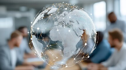 a group of business people in an office meeting room, with a digital globe and network connections to the world floating above them, with a meeting room background.