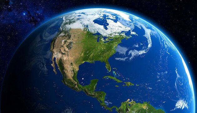 Planet Earth with North America visible, swirling clouds, deep blue oceans, star speckled background