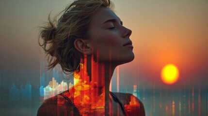 Serene sunset satisfaction: a woman's quiet delight by the sea. Data visualization. Oceanic serenity: woman in silhouette at crimson sunset. Cyber metrics. Virtual analytics.