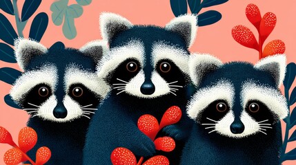 Obraz premium Three raccoons are sitting in a tree with red leaves. Scene is playful and lighthearted
