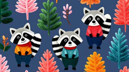 A blue and green background with three raccoons in orange and black. The raccoons are smiling and holding leaves