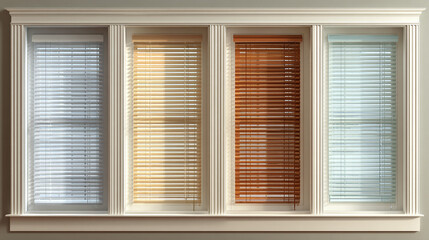 Four windows with different color blinds, offering a glimpse of natural light, forming an aesthetic arrangement.