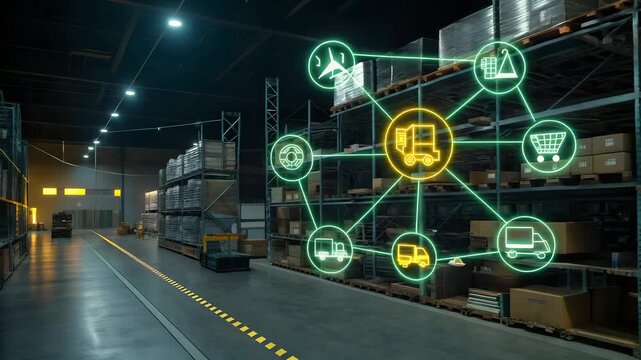 4K futuristic holographic supply chain network with glowing green and yellow logistics icons in a dark warehouse setting