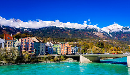 Panoramic view of sunshine day scene at Innsbruck cityscape, colorful historic buildings in Innsbruck, Austria