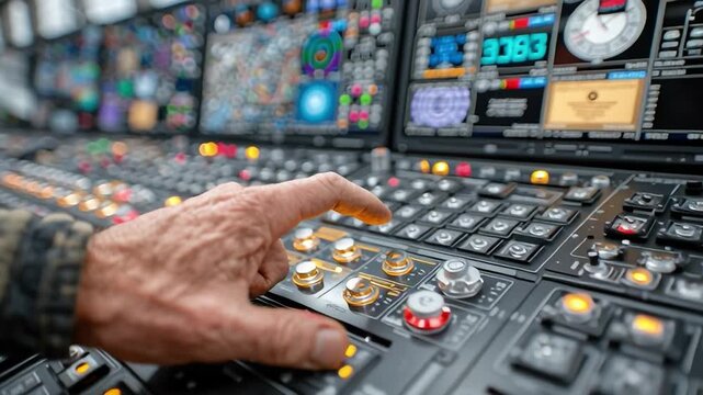 Precision in Command: A skilled hand manipulates intricate control panels, surrounded by glowing displays, symbolizing technological prowess and the command center.