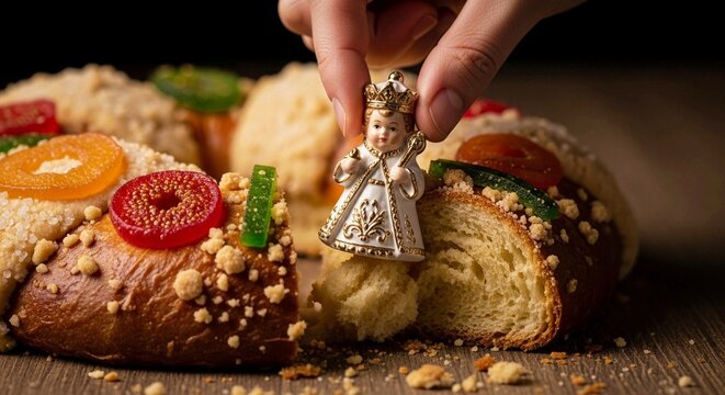 Close-up of hand holding figurine next to traditional King Cake with candied fruit decorations  
