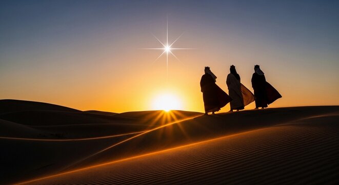 The Three Wise Men travel across a vast desert following the guiding star during a glowing sunset