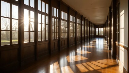 Sunlit Wood Paneled Hallway with Large Windows and Sunlight Squares on the Floor