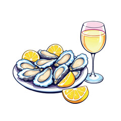 Vsai fresh oysters on plate with lemon and wine glass