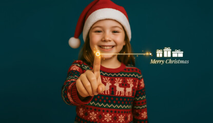 Smiling girl in Christmas sweater touching glowing virtual line with gifts and Merry Christmas text.