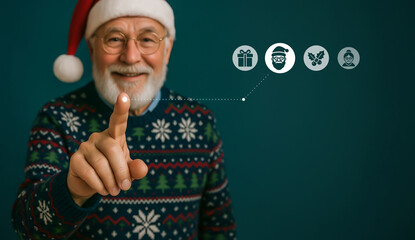 Smiling man in Santa hat touching glowing virtual Christmas icons symbolizing festive joy.