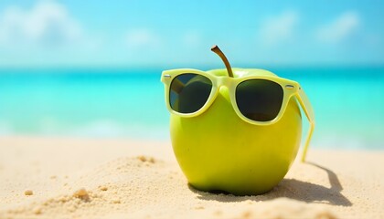 Fun summer concept of a green apple wearing sunglasses on the beach. Bright, creative, and eye-catching for lifestyle, health, and vacation themes.