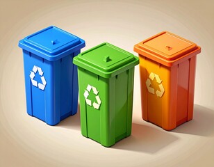 Vibrant collection of three different colored recycling bins for waste sorting and environmental conservation efforts