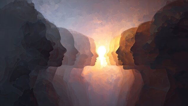 Dreamlike depiction of multiple silhouetted profiles converging toward a keyhole-shaped sun