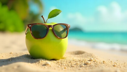 Fun summer concept of a green apple wearing sunglasses on the beach. Bright, creative, and eye-catching for lifestyle, health, and vacation themes.