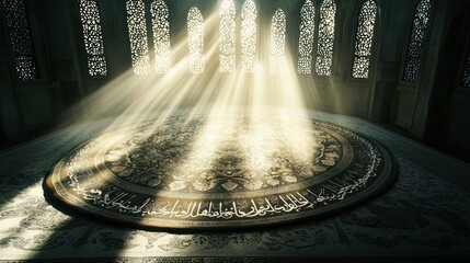 Light beams illuminate circular carpet in ornate room