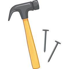 Claw Hammer With Wooden Handle And Two Metal Nails Isolated On White Background In A Top Down View