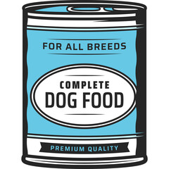 Clean Line Art Illustration of a Blue and White Can Labeled Complete Dog Food For All Breeds Premium Quality for Pet Nutrition and Animal Care