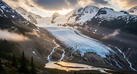 Glacier descends between rugged peaks, sunlight bursts through clouds. Landscape vista with water