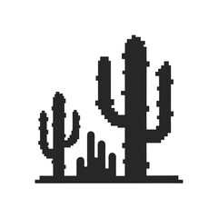 Obraz premium Pixel Art Silhouette of Cactus Plants Grouped on White Background, Retro Style