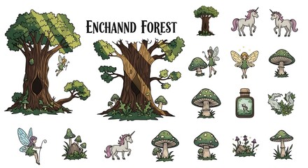 Enchanted Forest Elements Unicorns, Fairies, Magical Trees, and Mushrooms