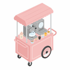 Isometric Cute Pink Food Cart Isolated Illustration with Coffee Machine and Drinks