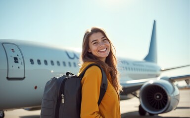 tourism, vacation and people concept - happy smiling young woman with travel bag pack standing by the airplane and ready to departure. High quality
