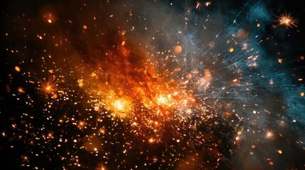 A vibrant cosmic explosion with bright orange and blue hues. Stars and particles scatter across the dark space background, creating a dynamic celestial scene.