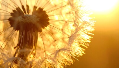 Ethereal Dandelion Puffball Bathed in Golden Hour Glow A close-up view of nature's delicate beauty illuminated by the warm, setting sun, capturing fragility and hope for a tranquil evening