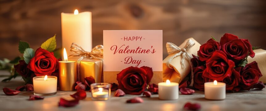 Valentine's Day card with red roses, lit candles, gift box, and rose petals on wooden surface for romantic celebration.