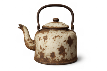 Weathered metal kettle showing rust and wear, featuring an antique aesthetic, isolated on a transparent background