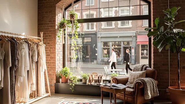 Boutique clothing store interior with exposed brick walls a wooden garment rack and a cozy armchair overlooking a bustling city street scene through a large arched window